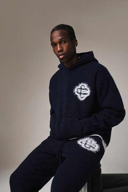 Beachwear Style FLUFFY EMBLEM KNITTED HOODIE - NAVY