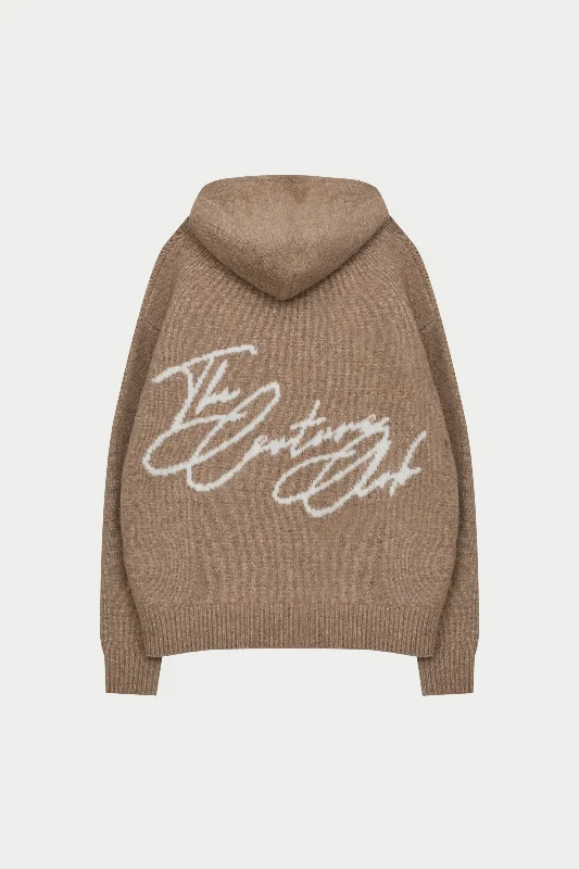 Classic Chic SCRIPT LOGO GRAPHIC KNITTED HOODIE - BEIGE