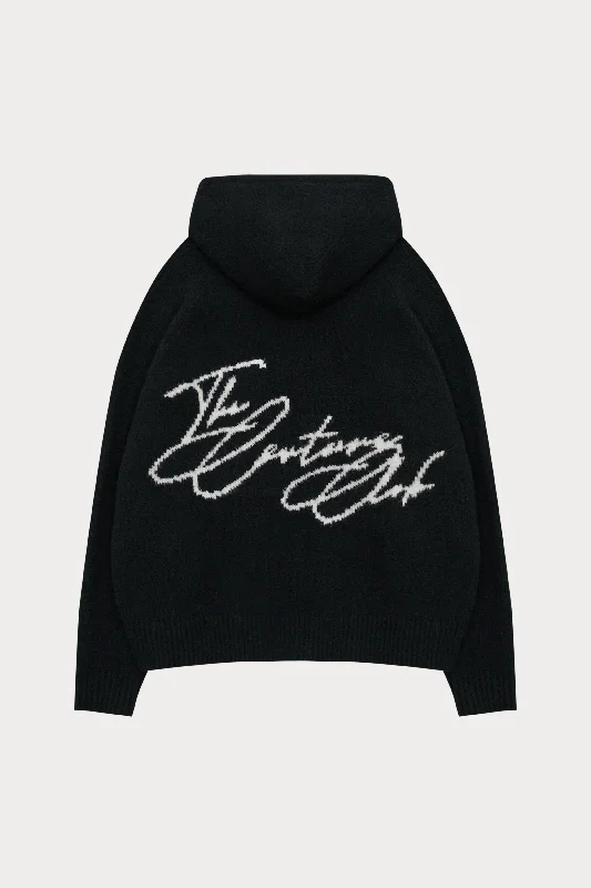 Luxury Streetwear SCRIPT LOGO GRAPHIC KNITTED HOODIE - BLACK