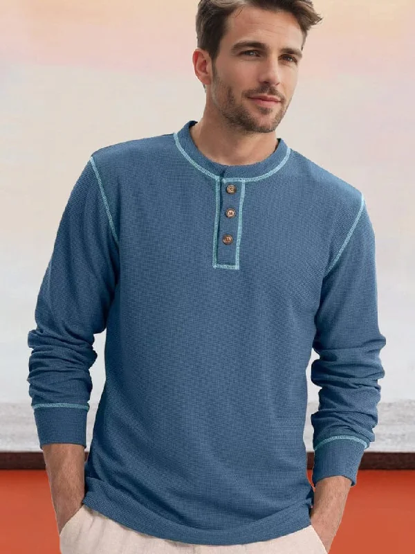 Relaxed Suiting Comfy Versatile Waffle Henley Shirt