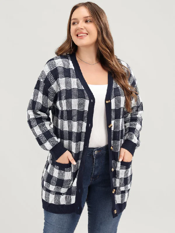 Rugged Streetwear Plaid Pointelle Knit Pocket Button Front Cardigan