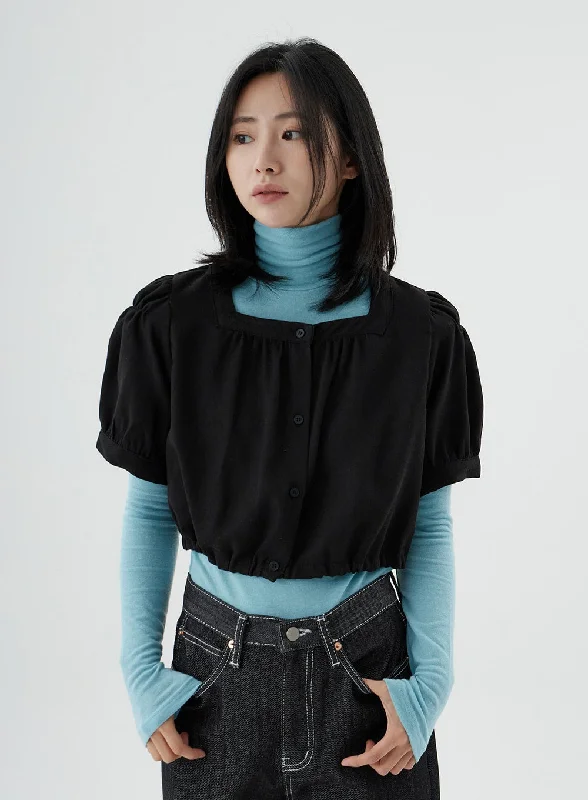 Timeless Elegance Square Neck Short Puffy Sleeve Crop Blouse ON01