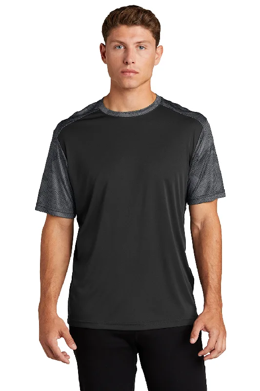 Eccentric Style Sport-Tek Mens CamoHex Moisture Wicking Short Sleeve Crewneck T-Shirt - Black/Iron Grey