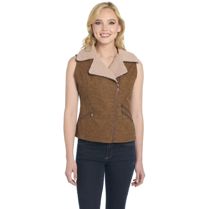 Relaxed Patterns Cripple Creek Womens Distressed Aviator Zip Havana Brown PVC Faux Leather Vest