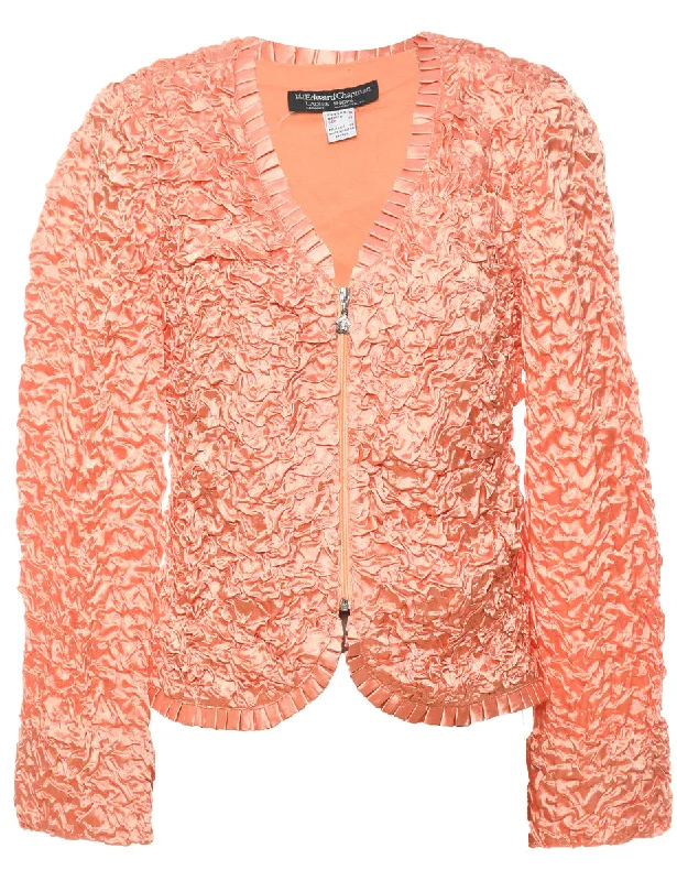 Weekend Minimalism Peach Metallic Zip-Front Ruffle Trim Evening Jacket - M