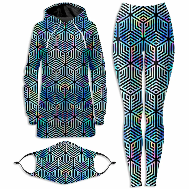 Boho Streetwear Holographic Hexagon Hoodie Dress and Leggings with PM 2.5 Face Mask Combo