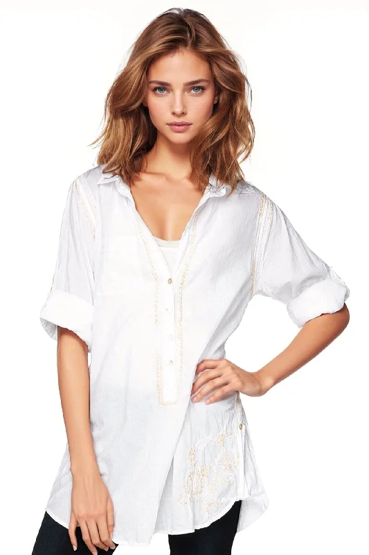 Simplistic Outfit Boyfriend White Cotton Shirt with Lurex Embroidery