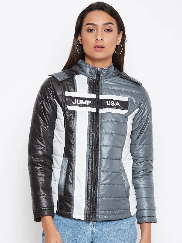 Classic Patterns JUMP USA Women Grey Colourblocked Bomber Jacket