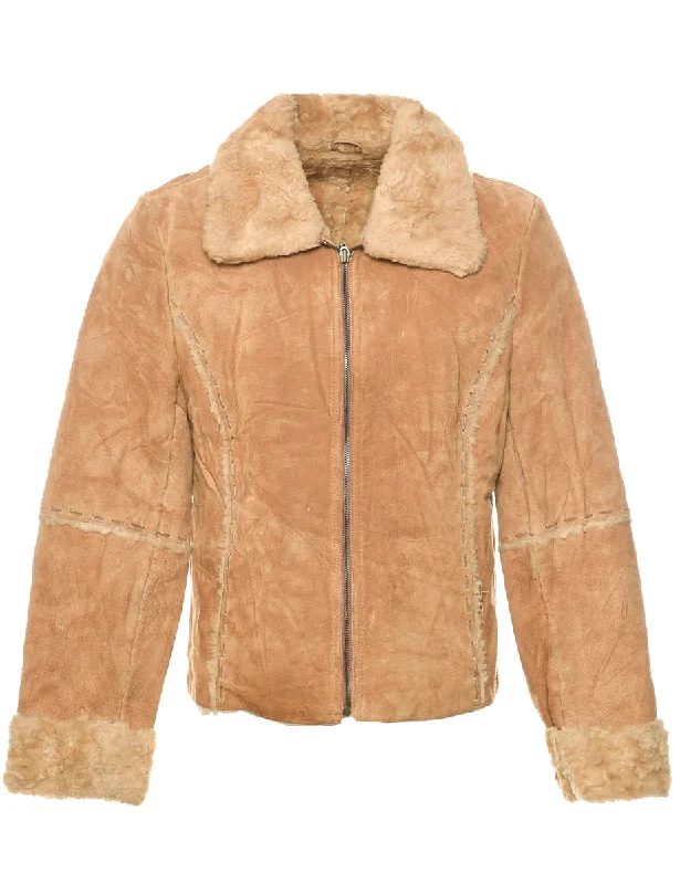 Modern Relaxed Brown Faux Shearling Suede Jacket - M