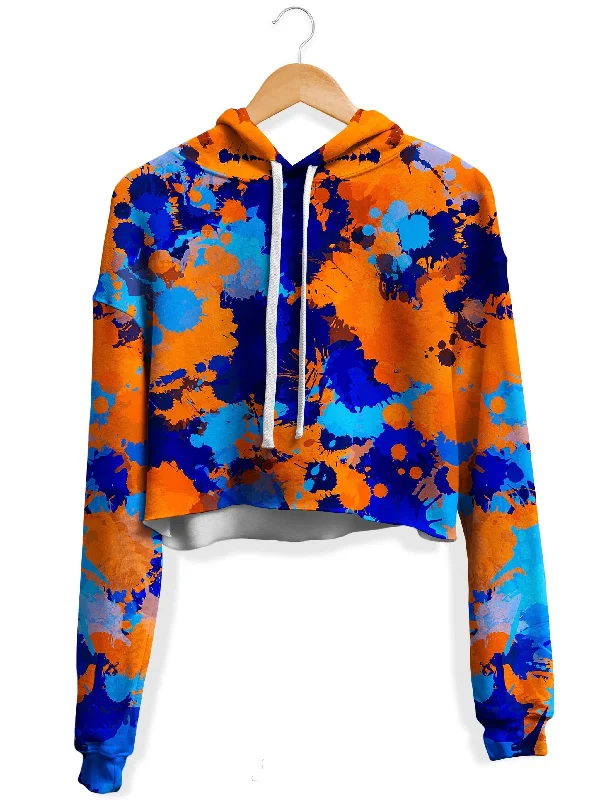 Modern Relaxed Blue and Orange Paint Splatter 2 Fleece Crop Hoodie