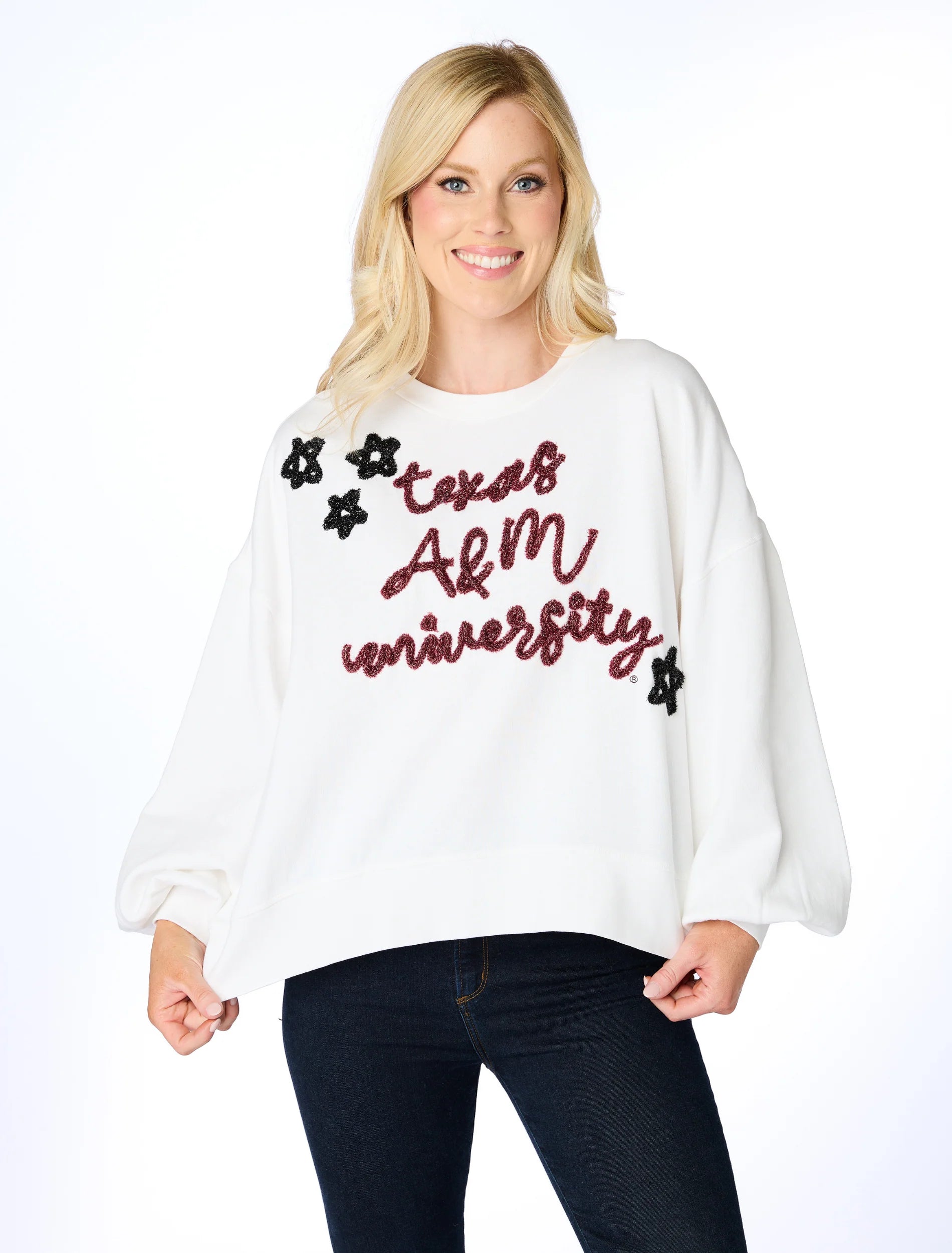 Soft Elegance The Texas A&M Glitter Script Balloon Pullover