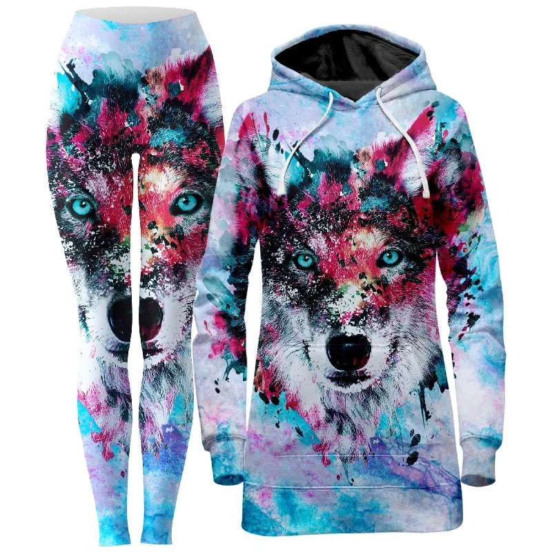 Sophisticated Casual Wolf Hoodie Dress and Leggings Combo