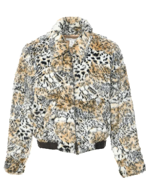 Preppy Minimalism Leopard Print Faux Fur Jacket - L