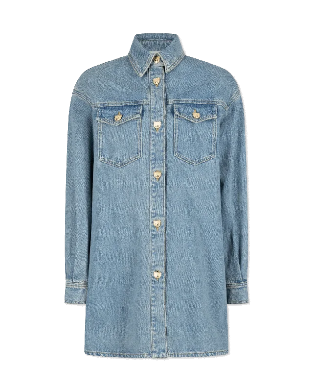 Modern Utility Teddy Buttons Blue Denim Shirt Dress