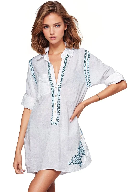 Clean Fashion Boyfriend White Cotton Shirt with Blue Lotus Embroidery