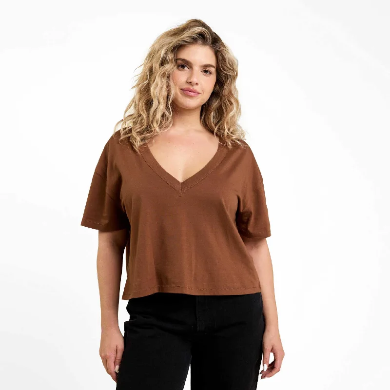 Trendy Casual Boxy V-Neck Tee | Chocolate