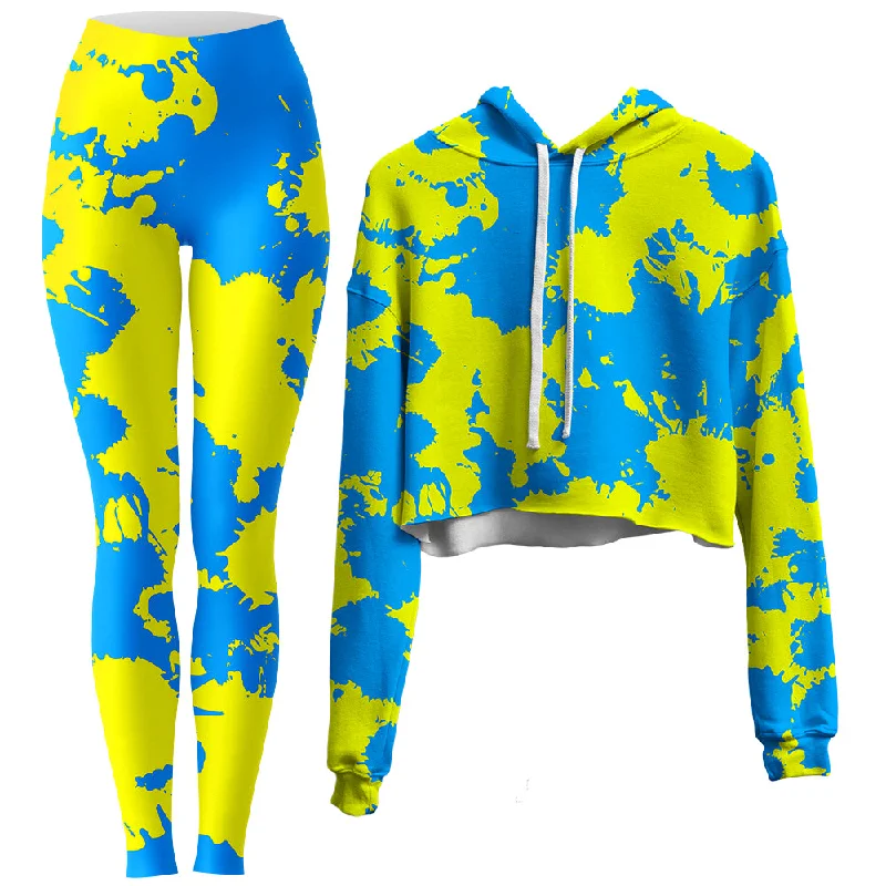 Neutral Layers Yellow and Blue Paint Splatter Crop Hoodie and Leggings Combo