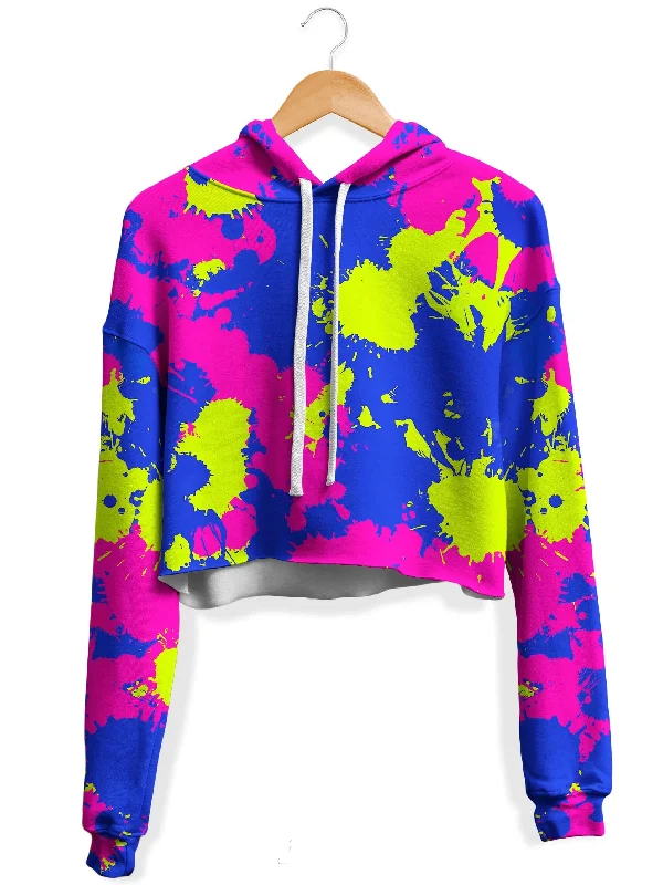 Chic Essentials Neon Pink Purple Paint Splatter Fleece Crop Hoodie