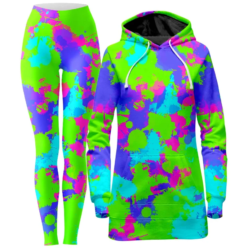 Soft Casual 90s Neon Paint Splatter Hoodie Dress and Leggings Combo