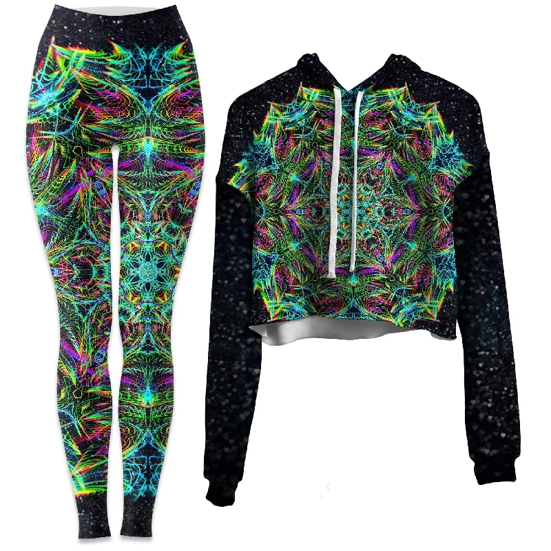 Retro Casual Green Warp Crop Hoodie and Leggings Combo