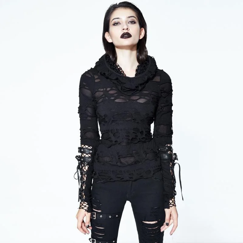 Sophisticated Minimalism Women's Distressed Hooded Punk Goth Top