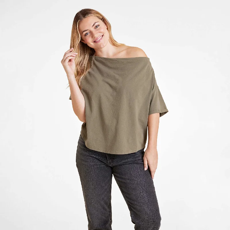 Simplistic Layers Vintage Cotton Off The Shoulder T-Shirt | Olive