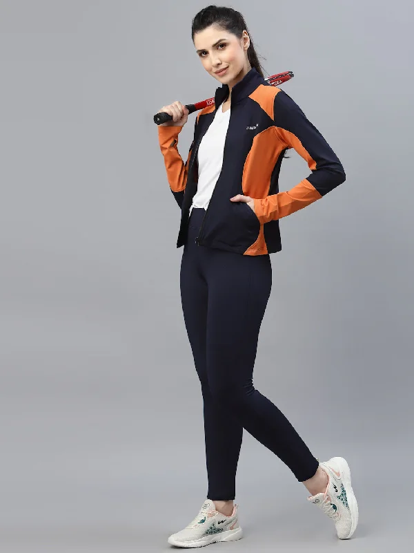 Modern Fit JUMP USA Women Navy Blue & Orange Solid Polyester Hiking Jacket