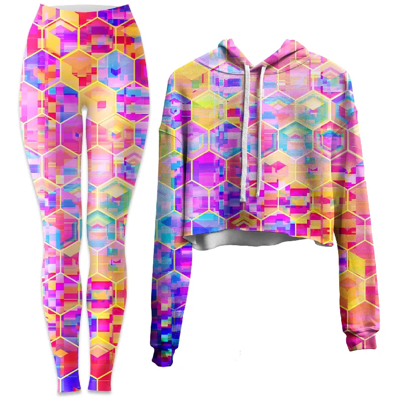 Edgy Streetwear Spectral Cubes Crop Hoodie and Leggings Combo