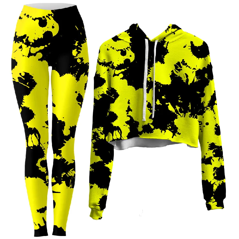 Bold Urban Yellow and Black Paint Splatter Crop Hoodie and Leggings Combo