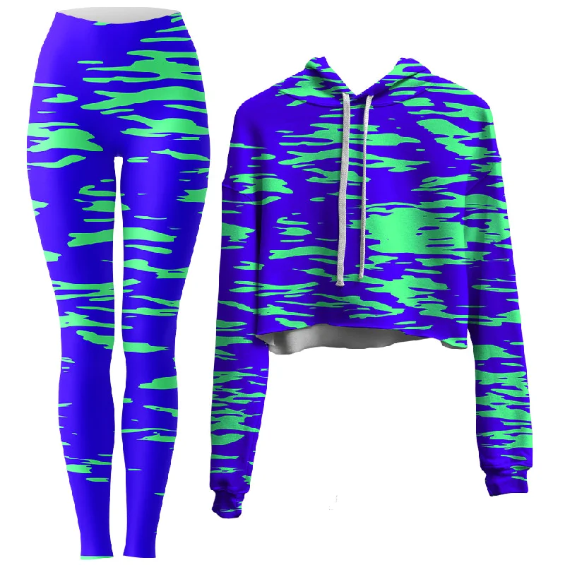 Streetwear Classics Purple Mint Rave Zebra Stripe Crop Hoodie and Leggings Combo