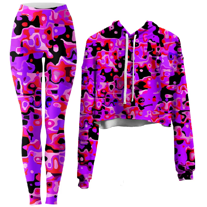 Everyday Basics Purple Red and Black Rave Camo Melt Crop Hoodie and Leggings Combo