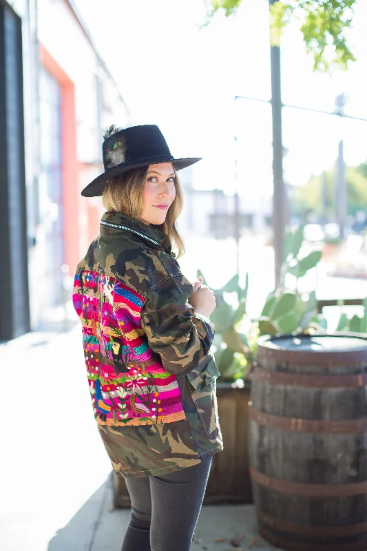 Polished Minimalism Oversized Camo Jacket with Rainbow stripe Embroidery we