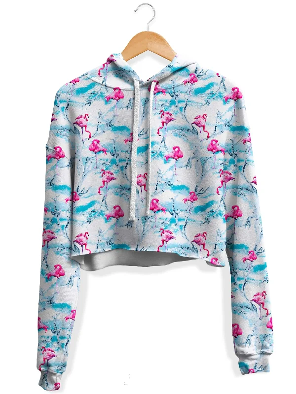 Relaxed Patterns Flamingos Fleece Crop Hoodie