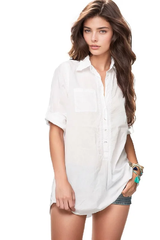 Statement Denim Boyfriend White Cotton Shirt with White Embroidery