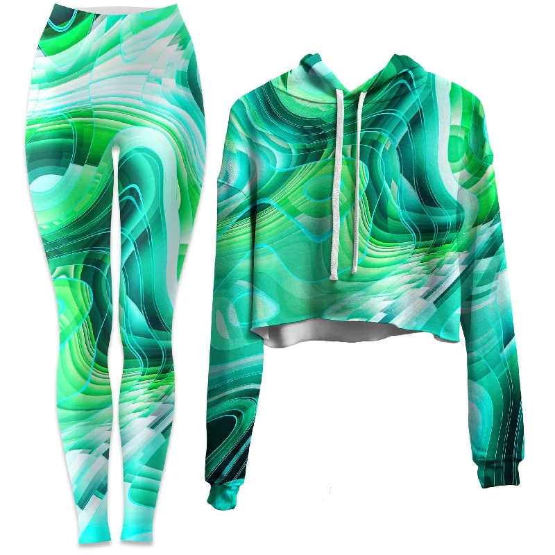 Sporty Tailoring Green Schism Crop Hoodie and Leggings Combo