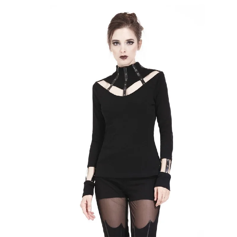 Sporty Tailoring Women's Punk High Neck Cutout Long Sleeved T-shirt With Straps