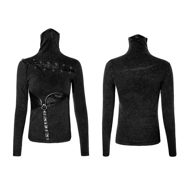 Futuristic Minimalism Women's Steampunk High Collar Hollow Out Waist Long Sleeve Tops