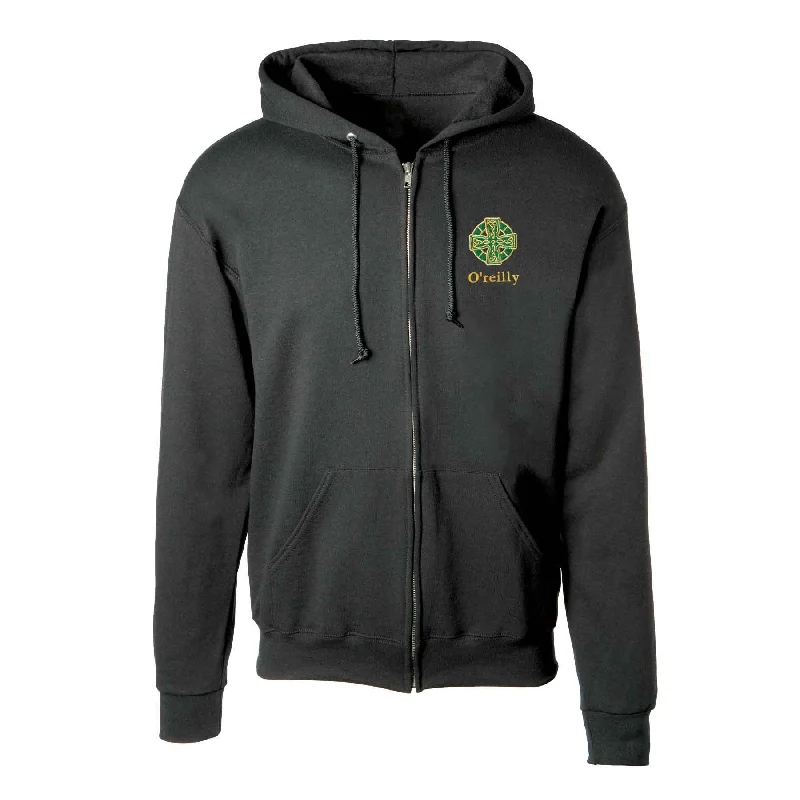 Casual Layering Celtic Cross Embroidered Personalized Full Zip Hoodie- Black