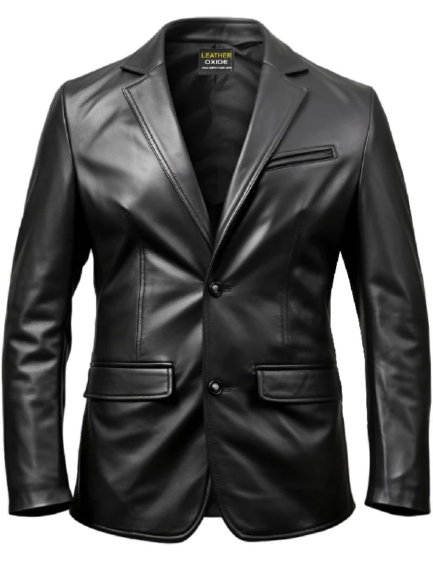 Bold Fashion Two Button Men Black Leather Blazer - Leather Blazer for Men