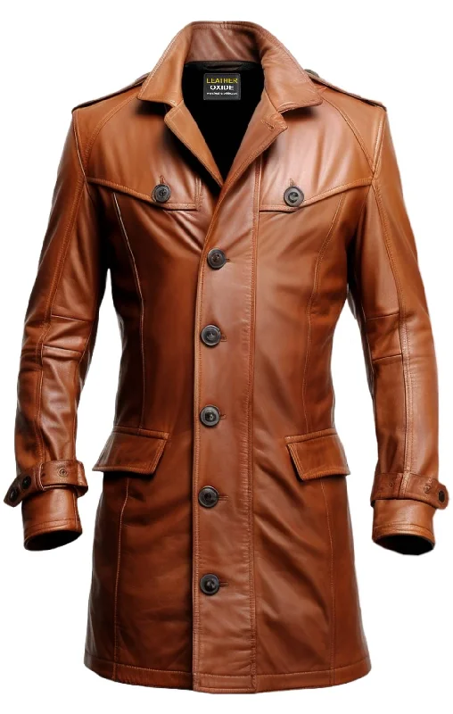 Denim Essentials Tan Brown Leather Coat For Men