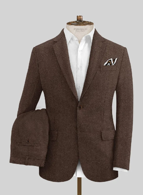 Relaxed Boho Italian Prato Brown Herringbone Linen Suit