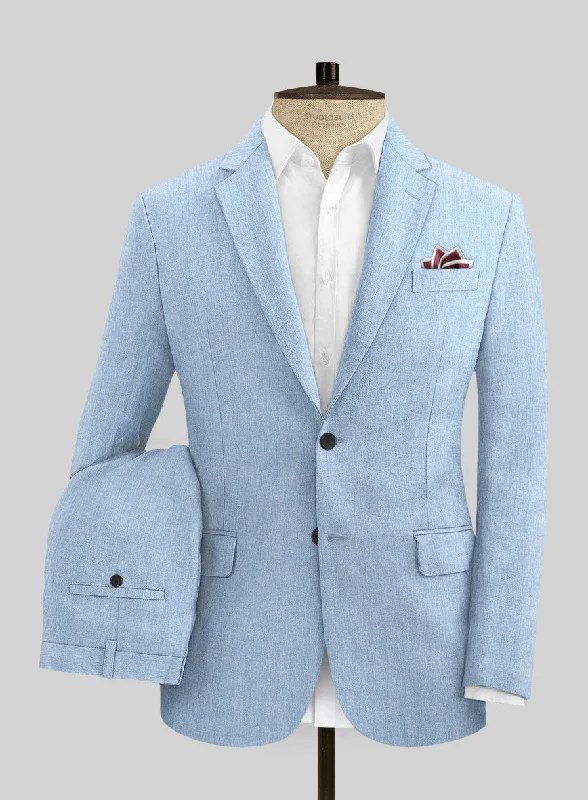 Preppy Casual Italian Prato Blue Herringbone Linen Suit