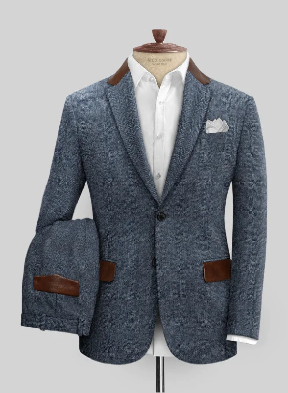 Fashion Forward Vintage Herringbone Blue Tweed Suit - Leather Trims