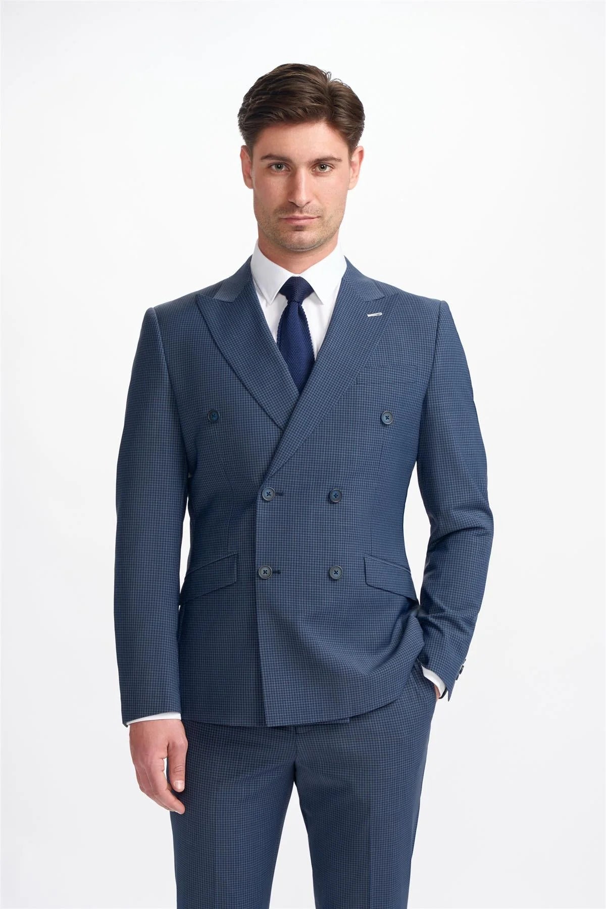 Casual Layers Bond - Men's Navy Check 2 Piece Double Breasted Suit