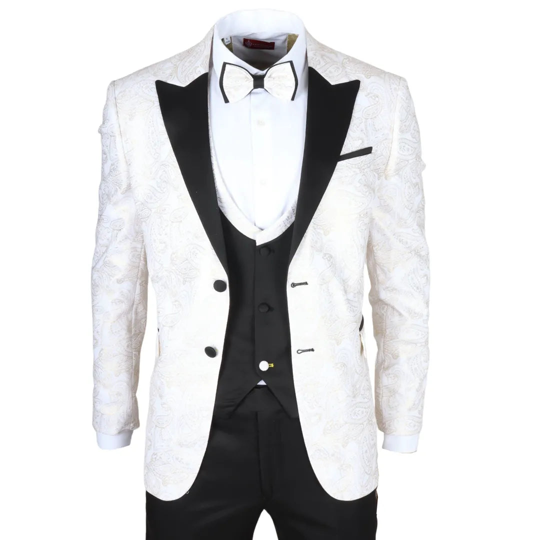 Relaxed Aesthetic AK-29 - Men's 3 Piece White Paisley Wedding Suit