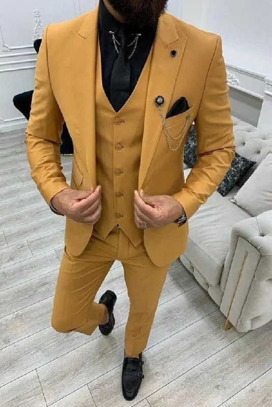 Rugged Outdoor Men Suits Mustard 3 Piece Slim Fit One Button Wedding Groom, Dinner Suits, Wedding Groom suits, Bespoke For Men