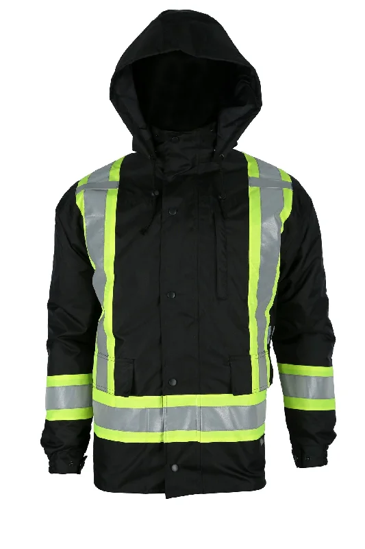 Elevated Casual Viking Men's Handyman® Waterproof Class 1 Hi-Vis 7-in-1 Hooded Rain Jacket_Black