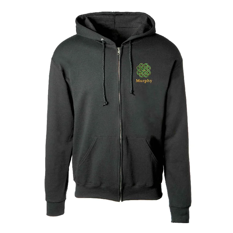 Timeless Outfit Celtic Clover Knot Embroidered Personalized Full Zip Hoodie- Black