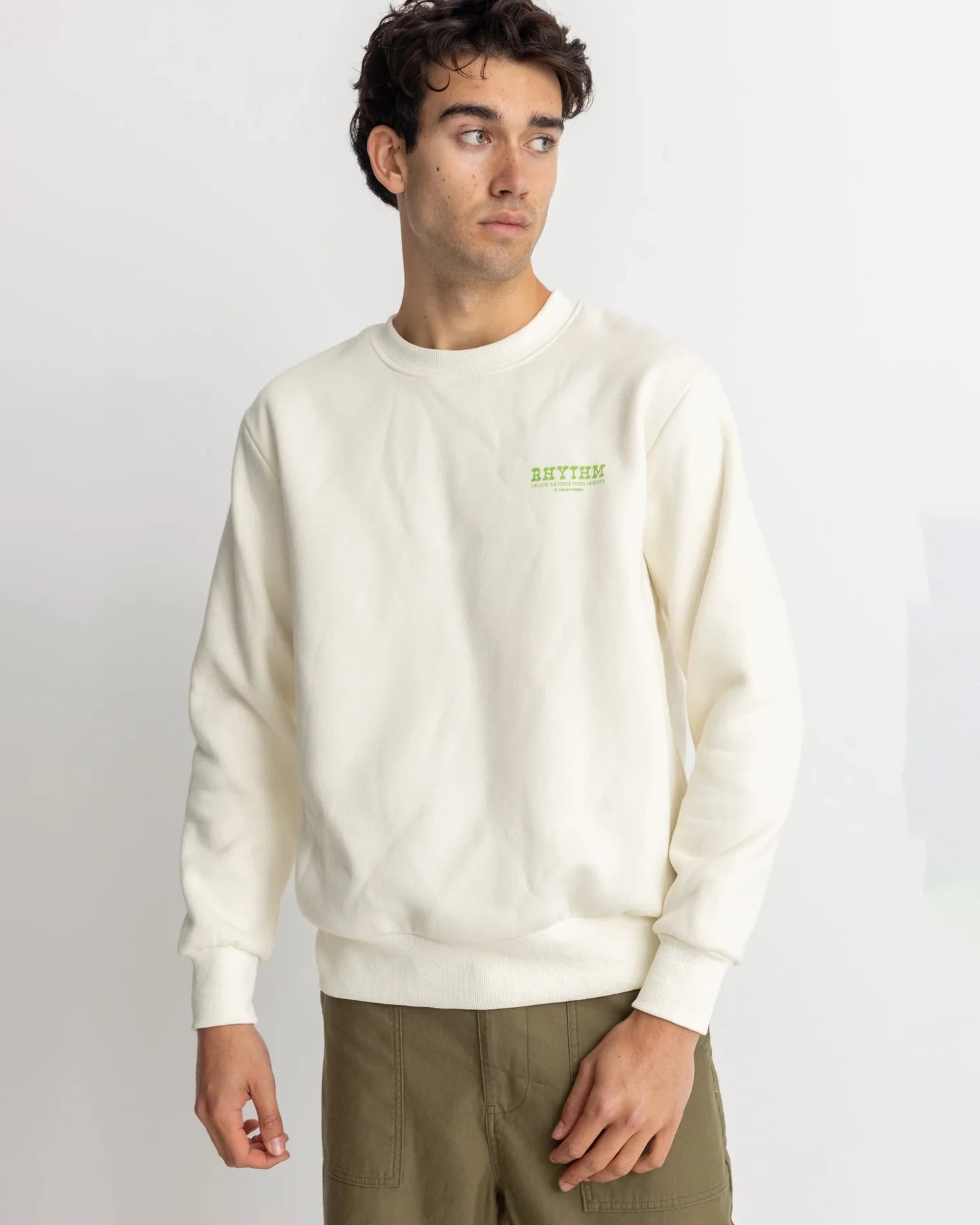 Relaxed Aesthetic Fungi Fleece Crew Sweatshirt in Vintage White