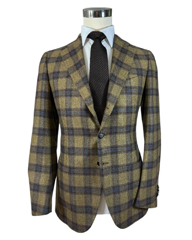 Smart Layers Cesare Attolini Cashmere Sport Coat Brown Royal Blue Plaid Windowpane EU 48/ US 38